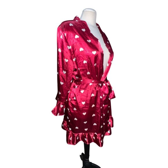 Red Satin Robe Size Large Womens White Heart Print Ruffled Hem & Sleeves Tie-Wai - Picture 7 of 7